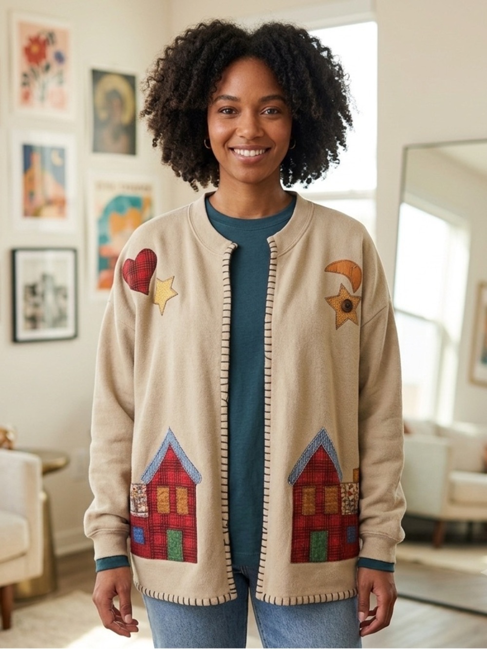 VTG Cottagecore Granny Twee Patchwork Farmhouse Beige Cardigan Large.